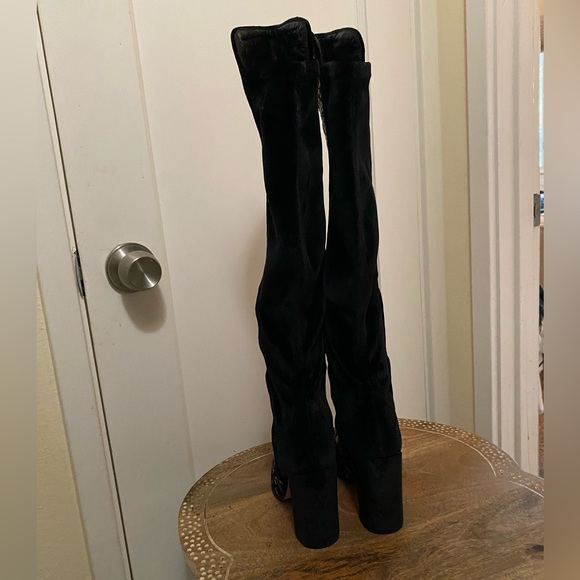 Stuart Weitzman Alljill Sequin Velvet 5050 Knee High Heeled go-go Boot noir - Picture 14 of 17